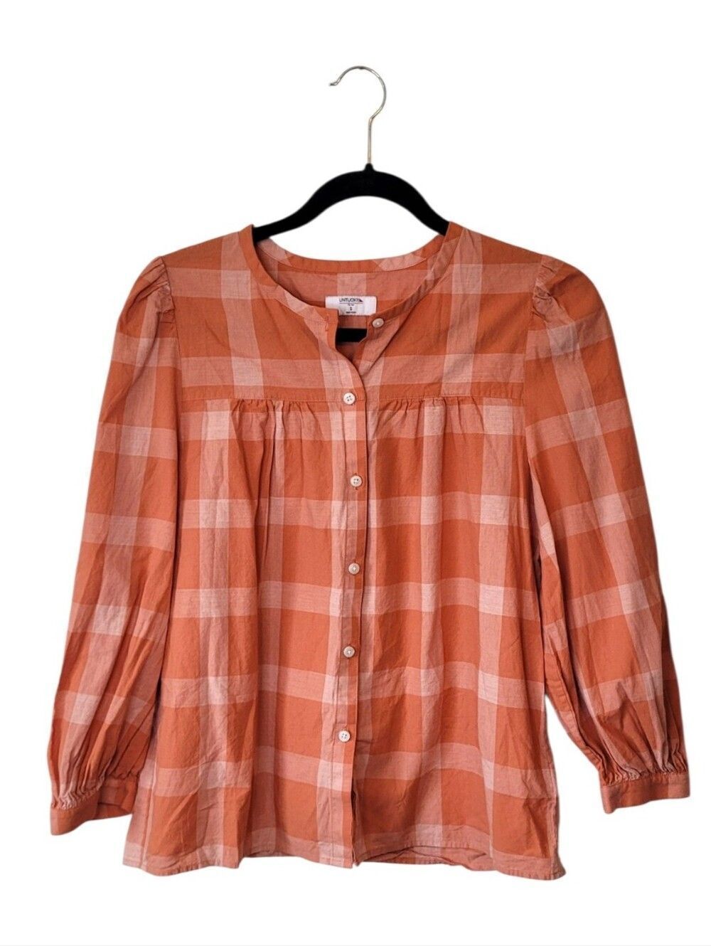 Untuckit Beatrice Cotton Womens Rust Plaid Button-Front Blouse Size S